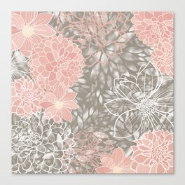 Floral Dahlias, Blush Pink, Gray, White Canvas Print