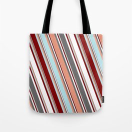 [ Thumbnail: Colorful Dim Grey, Dark Salmon, Powder Blue, Maroon & White Colored Pattern of Stripes Tote Bag ]