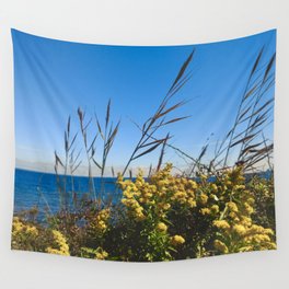 Yellow Flowers on the Shore (plants, ocean, beach, nature, peaceful, rhode island, photography) Wall Tapestry