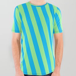 [ Thumbnail: Deep Sky Blue and Green Colored Striped/Lined Pattern All Over Graphic Tee ]