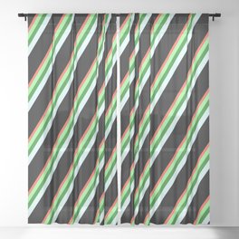 [ Thumbnail: Red, Green, Forest Green, Light Cyan, and Black Colored Stripes/Lines Pattern Sheer Curtain ]