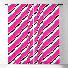 [ Thumbnail: Vibrant Green, Grey, Black, Mint Cream, and Deep Pink Colored Stripes Pattern Blackout Curtain ]