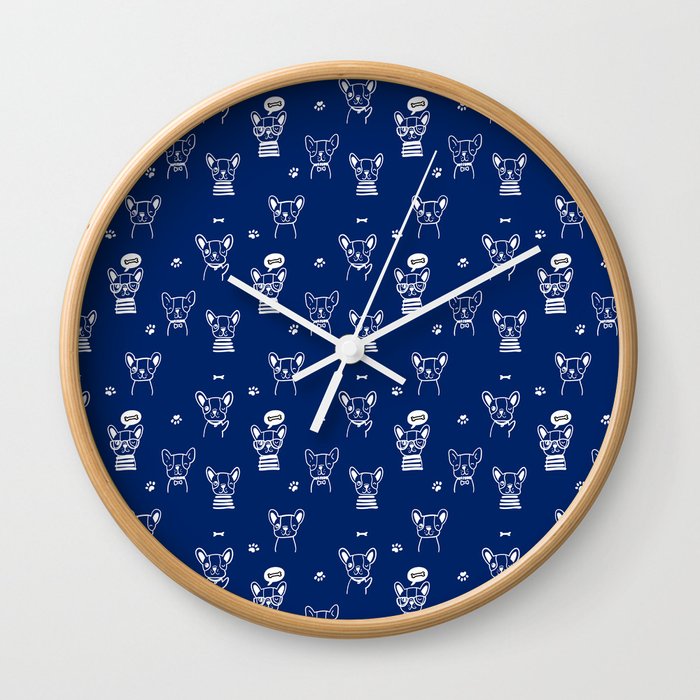 Blue and White Hand Drawn Dog Puppy Pattern Wall Clock