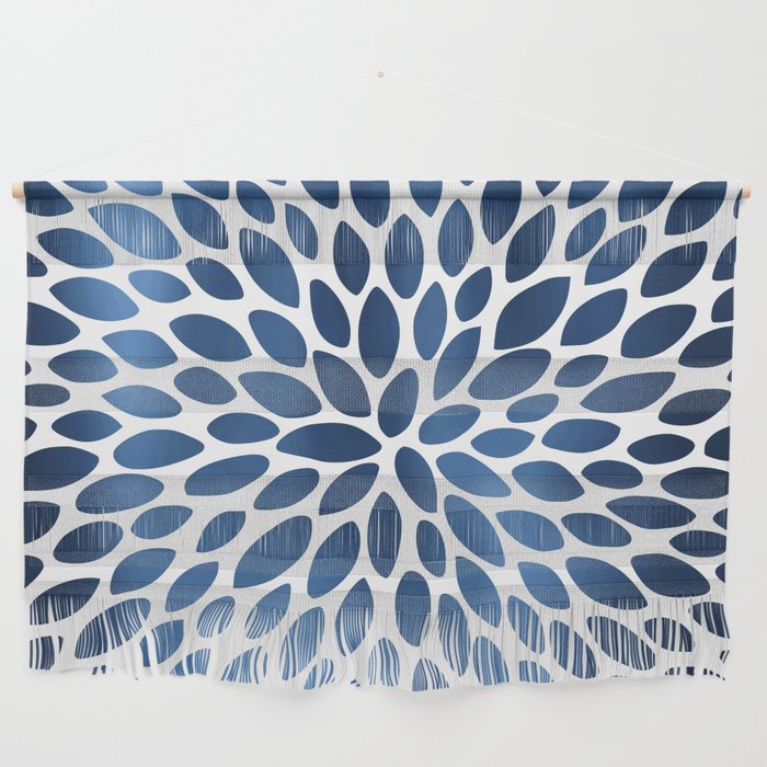 Floral Bloom, Dark Blue on White Wall Hanging