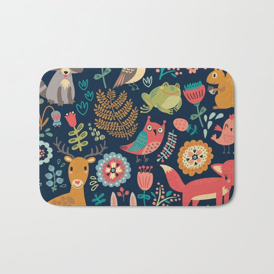 Forest friends - navy Bath Mat