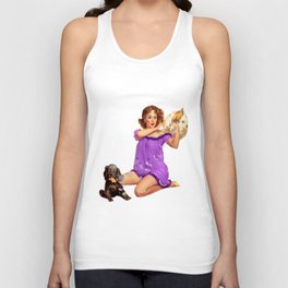 Sexy Vintage Pinup in Lingerie With a Lilly Dog And Feather Pillow Unisex Tank Top