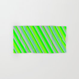 [ Thumbnail: Grey, Lime, Chartreuse, and Aquamarine Colored Lined/Striped Pattern Hand & Bath Towel ]
