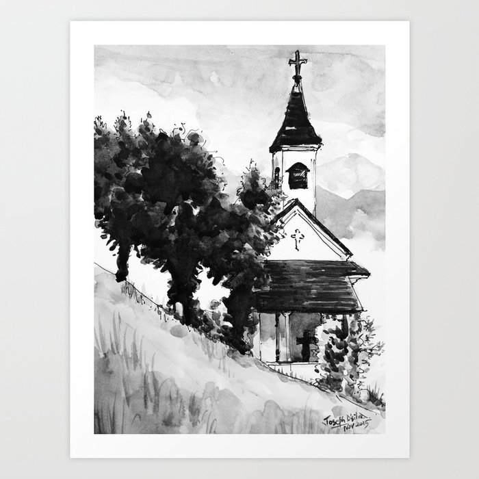 Austrian Alps hillside Church Black and White Watercolor Painting Art Print
