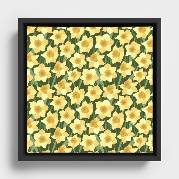 Seamless pattern with yellow daffodils on a green background Framed Canvas