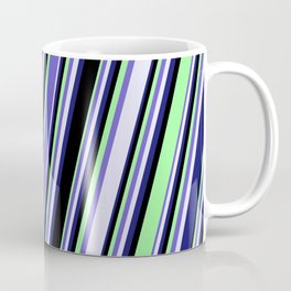 [ Thumbnail: Slate Blue, Lavender, Midnight Blue, Black & Green Colored Lines/Stripes Pattern Coffee Mug ]