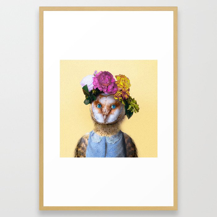 Lady Owl with Head Flowers Bouquet Framed Art Print
