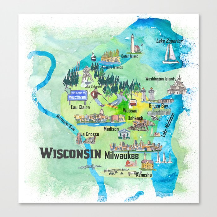 Wisconsin Usa State Illustrated Travel Poster Favorite Tourist Map Canvas Print By Artshop77 Society6