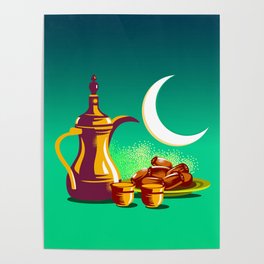Coffee Pot, Cups and Dates with Moon Poster