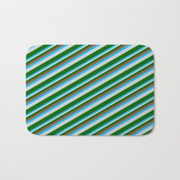 [ Thumbnail: Sienna, Deep Sky Blue, Light Gray & Dark Green Colored Lined/Striped Pattern Bath Mat ]