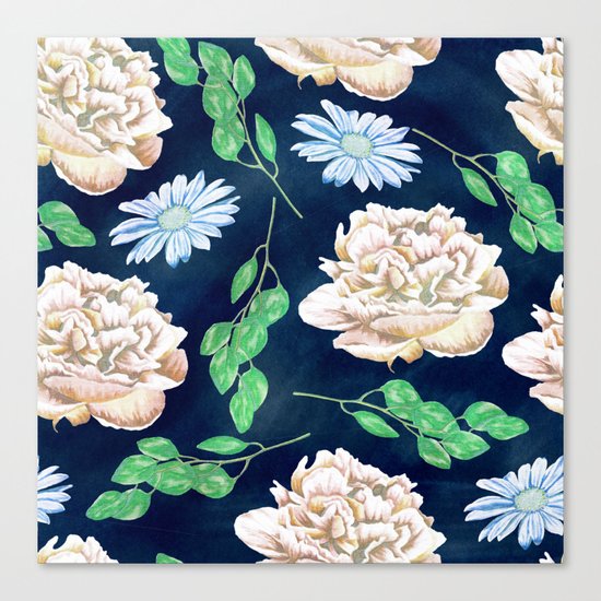 Rose Garden Navy Blue Antique Floral Pattern Canvas Print