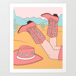 Chill Cowgirl in the Desert, Girl with Cowboy Boots and Hat Art Print