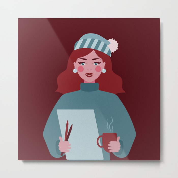 Winter ginger artist girl with a cup of tea and her tools Metal Print