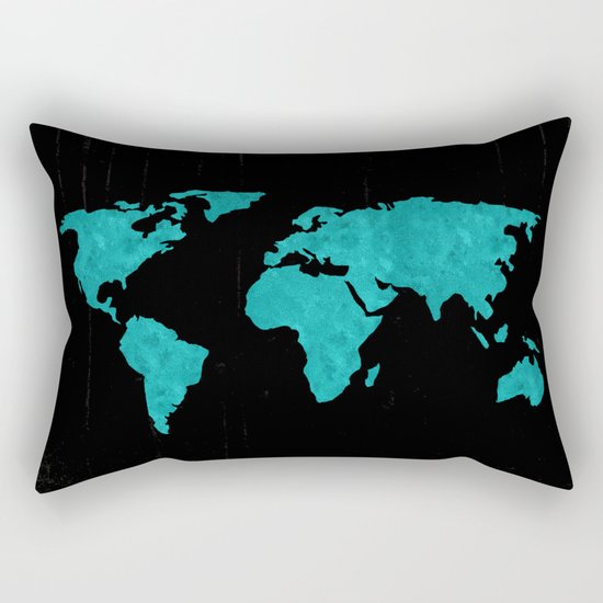 Teal Cyan Metallic Foil Map on Black Rectangular Pillow