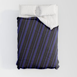 [ Thumbnail: Black & Midnight Blue Colored Striped Pattern Comforter ]