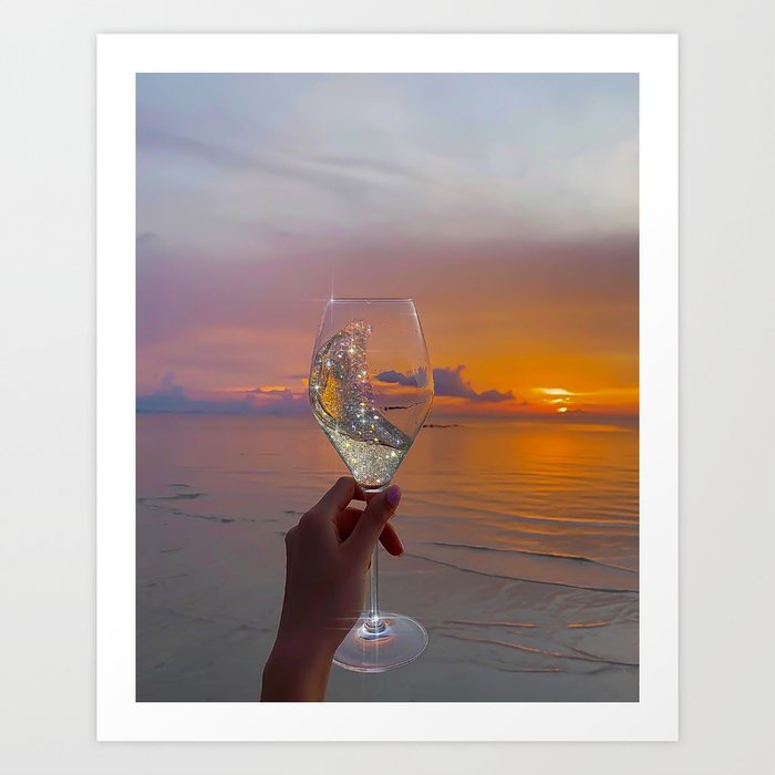 CHEERS TO THE SUNSET | glass | collage | sun | summer | sky | nature | happy | weekend | positive Art Print