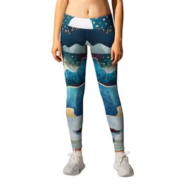 Moon Glow Leggings | Reflection, Stellar, Stars, Mountains, Water, Gold, Contemporary, Graphicdesign, Blue, Night 
