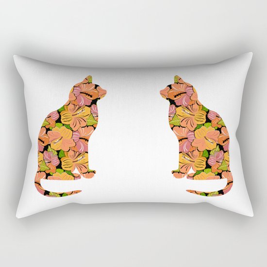 Cat Silhouette With Hibiscus Flowers Inlay Rectangular Pillow