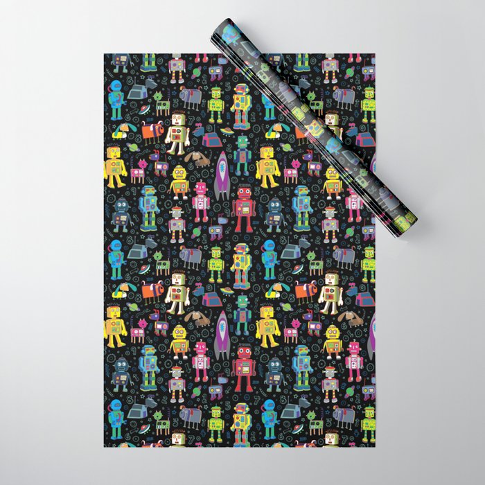 Robots in Space - on black Wrapping Paper