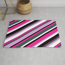 [ Thumbnail: Eyecatching Deep Pink, Dark Slate Gray, Plum, White & Black Colored Lines Pattern Rug ]