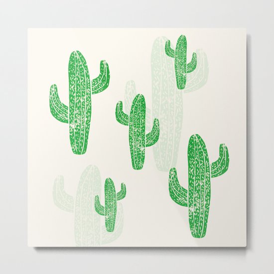Linocut Cacti Green Metal Print