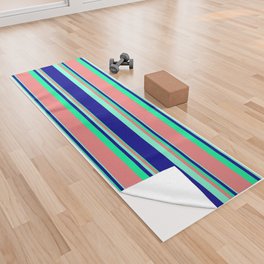 [ Thumbnail: Aquamarine, Dark Blue, Green & Light Coral Colored Stripes Pattern Yoga Towel ]