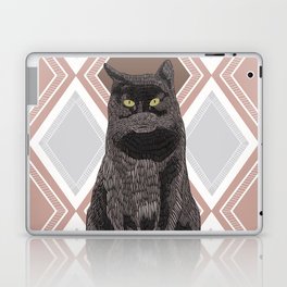 Black cat sitting on a modern dusty pink geometric pattern background Laptop Skin