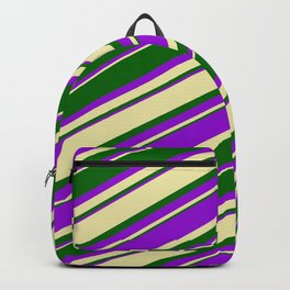 [ Thumbnail: Pale Goldenrod, Dark Green & Dark Violet Colored Lined Pattern Backpack ]