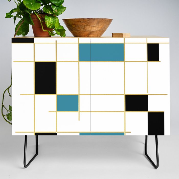 Midcentury Modern Art Aqua Gold Black Credenza By