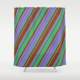 [ Thumbnail: Purple, Sea Green & Brown Colored Lined/Striped Pattern Shower Curtain ]