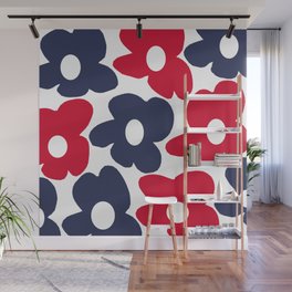 Large Blue and Red Retro Flowers White Background #decor #society6 #buyart Wall Mural