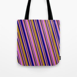 [ Thumbnail: Dark Goldenrod, Orchid, and Blue Colored Striped/Lined Pattern Tote Bag ]
