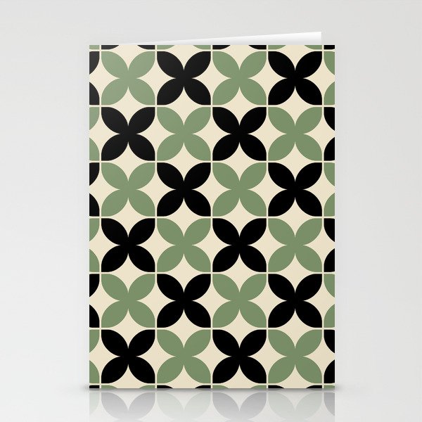 Geometric Flower Pattern 932 Sage Green Black and Beige Stationery Cards