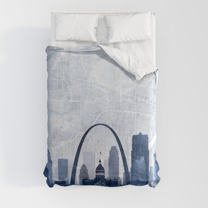 St Louis Skyline & Map Watercolor Navy Blue, Print by Zouzounio Art Comforter