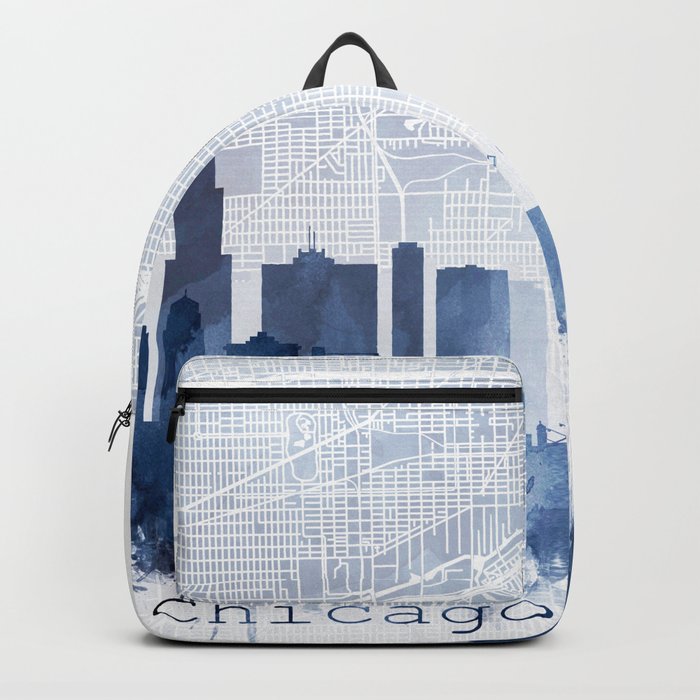 Chicago Skyline & Map Watercolor Navy Blue, by Zouzounio Art  Backpack