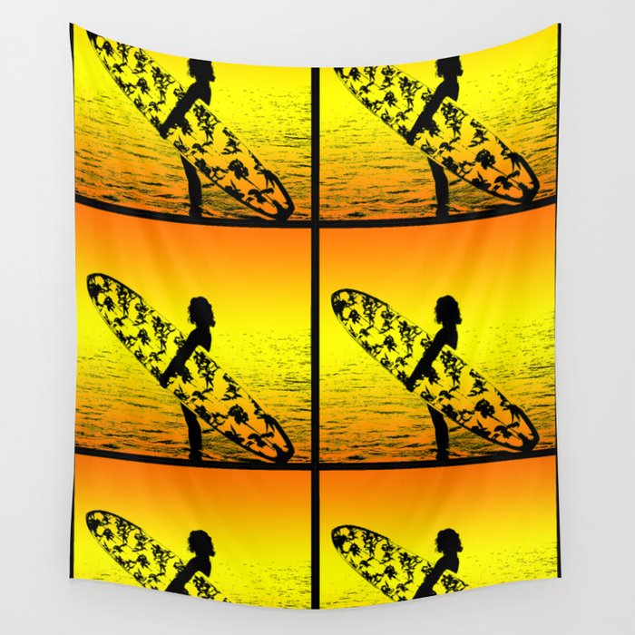 Retro Woman and Surfboard Orange Wall Tapestry