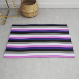 [ Thumbnail: Colorful Orchid, Midnight Blue, Black, Grey, and Lavender Colored Pattern of Stripes Rug ]