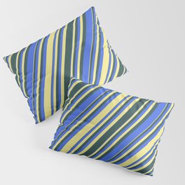 [ Thumbnail: Dark Slate Gray, Royal Blue, and Tan Colored Lined/Striped Pattern Pillow Sham ]