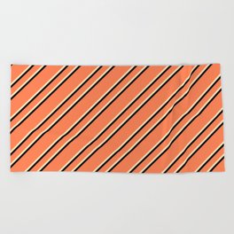 [ Thumbnail: Coral, Beige & Black Colored Lines Pattern Beach Towel ]