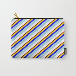 [ Thumbnail: Eye-catching Yellow, Blue, Light Blue, White & Maroon Colored Lines Pattern Carry-All Pouch ]