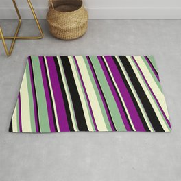 [ Thumbnail: Purple, Dark Sea Green, Light Yellow & Black Colored Lines/Stripes Pattern Rug ]