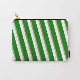 [ Thumbnail: Red, Dark Sea Green, White, and Green Colored Stripes/Lines Pattern Carry-All Pouch ]