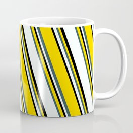 [ Thumbnail: Yellow, Dark Slate Gray, Mint Cream & Black Colored Stripes/Lines Pattern Coffee Mug ]
