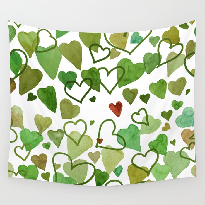 Watercolour Hearts Green Wall Tapestry