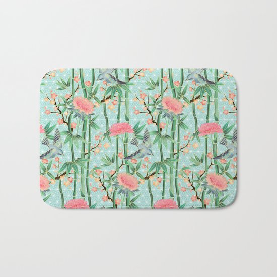 Bamboo, Birds and Blossom - soft blue green Bath Mat