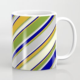 [ Thumbnail: Eyecatching Blue, Goldenrod, Green, Grey & Light Yellow Colored Pattern of Stripes Coffee Mug ]